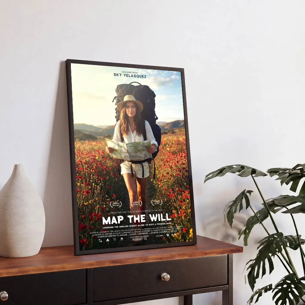 Personalized film poster displayed at an angle in a contemporary interior