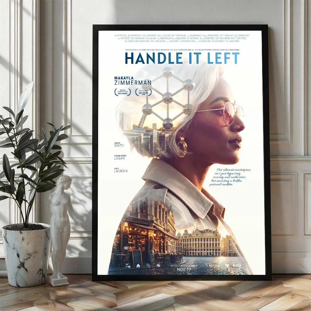 Custom movie poster for her standing on the floor in a contemporary interior