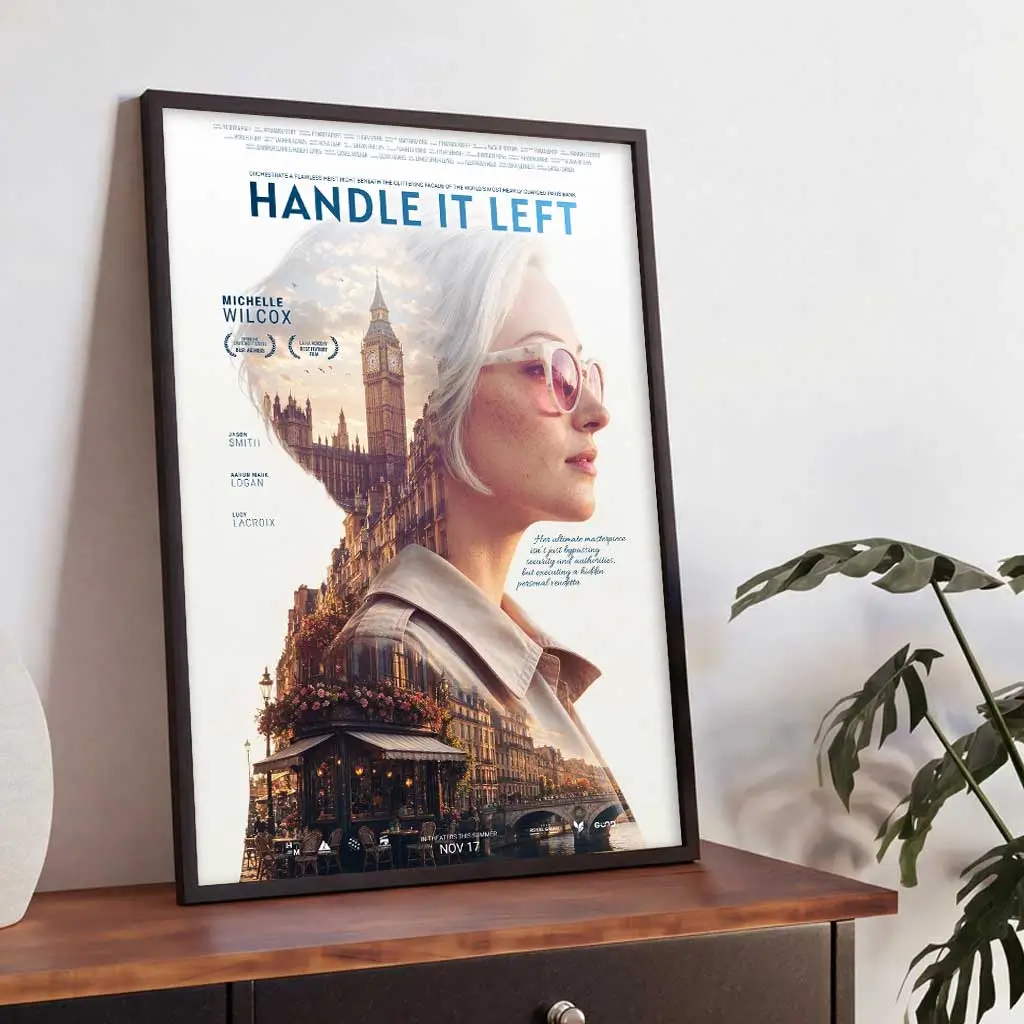 Personalized film poster displayed at an angle in an elegant interior