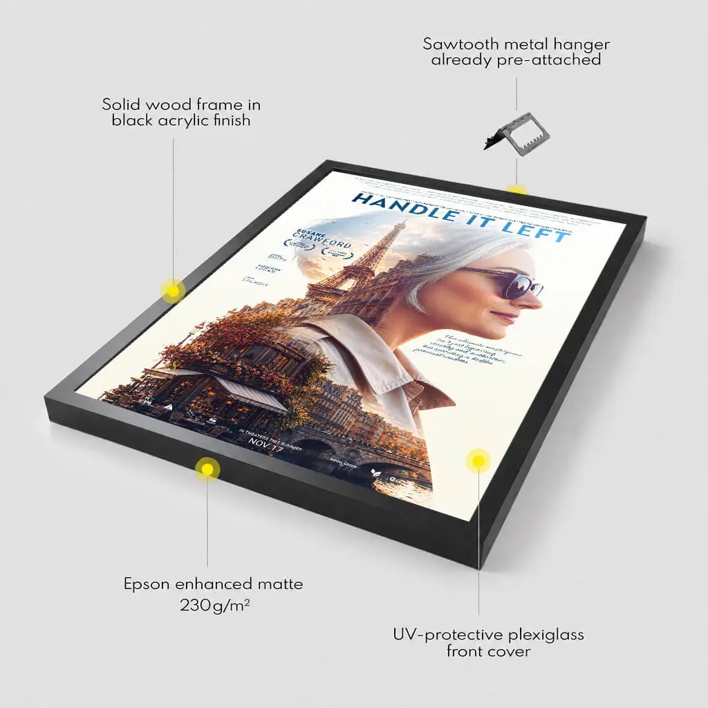 Custom poster frame details showing paper, hangers and frame materials