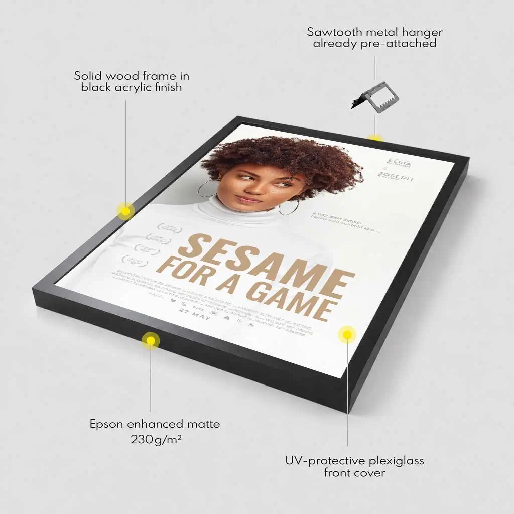Poster frame information showing paper, hangers and frame materials