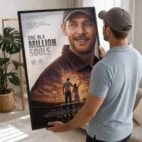 Dad holds his personalized movie poster