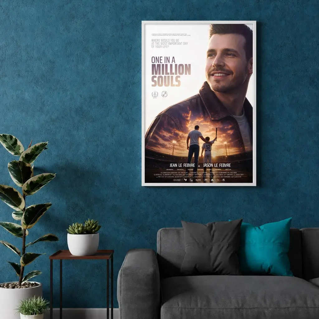 Custom film poster displayed front-facing on a living room wall