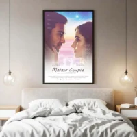 Custom couple poster displayed front-facing as bedroom wall art