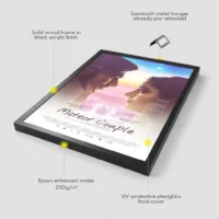 Custom poster frame details showing paper, hangers and frame materials