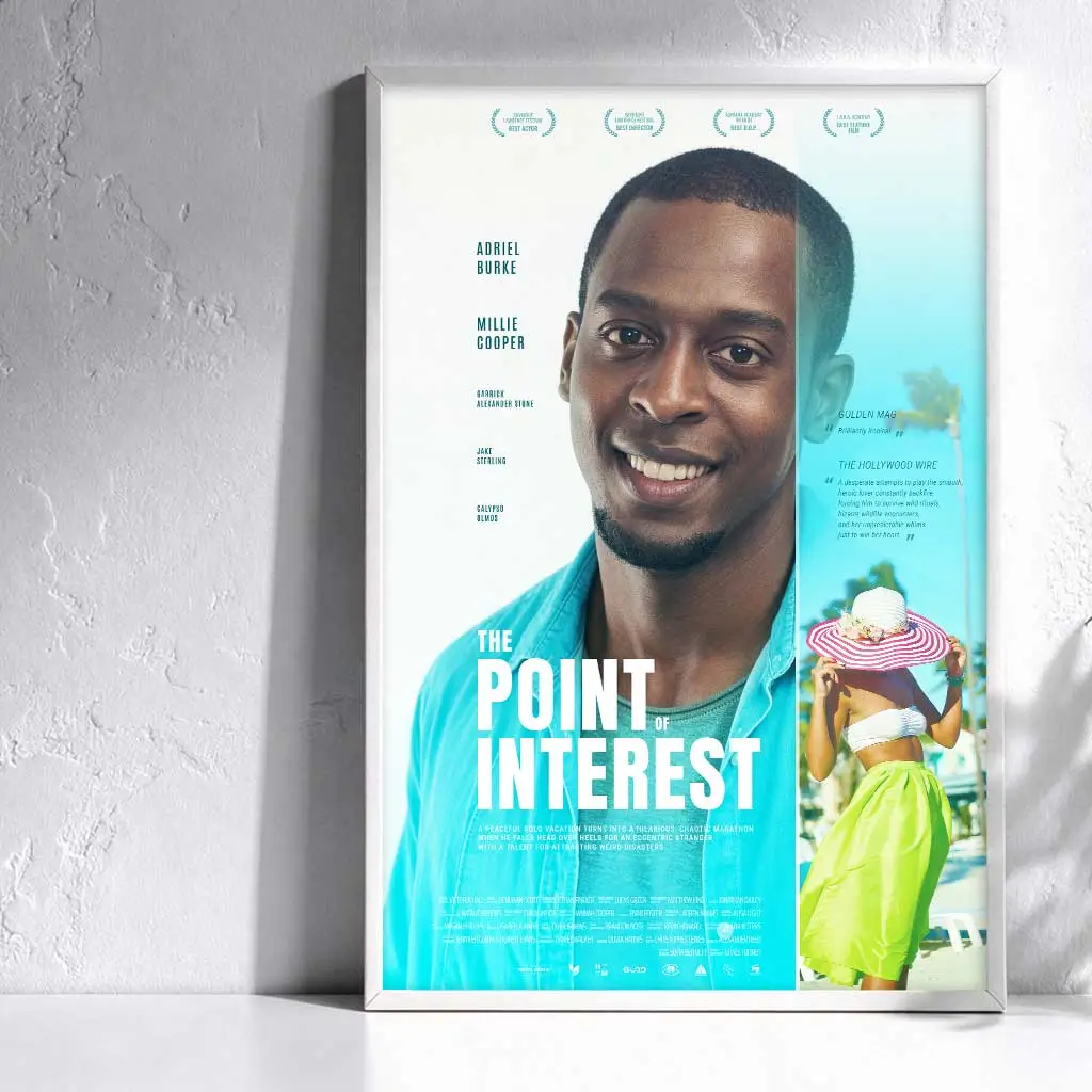 Personalized film poster displayed in a contemporary home office or living space