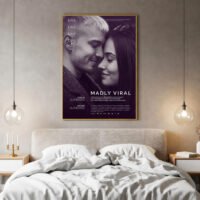 Custom film poster for couples displayed in a contemporary bedroom