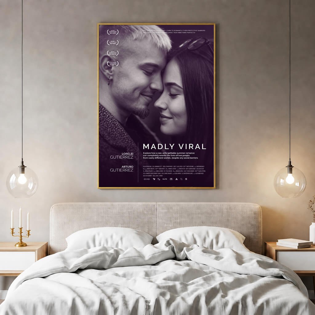 Custom film poster for couples displayed in a contemporary bedroom