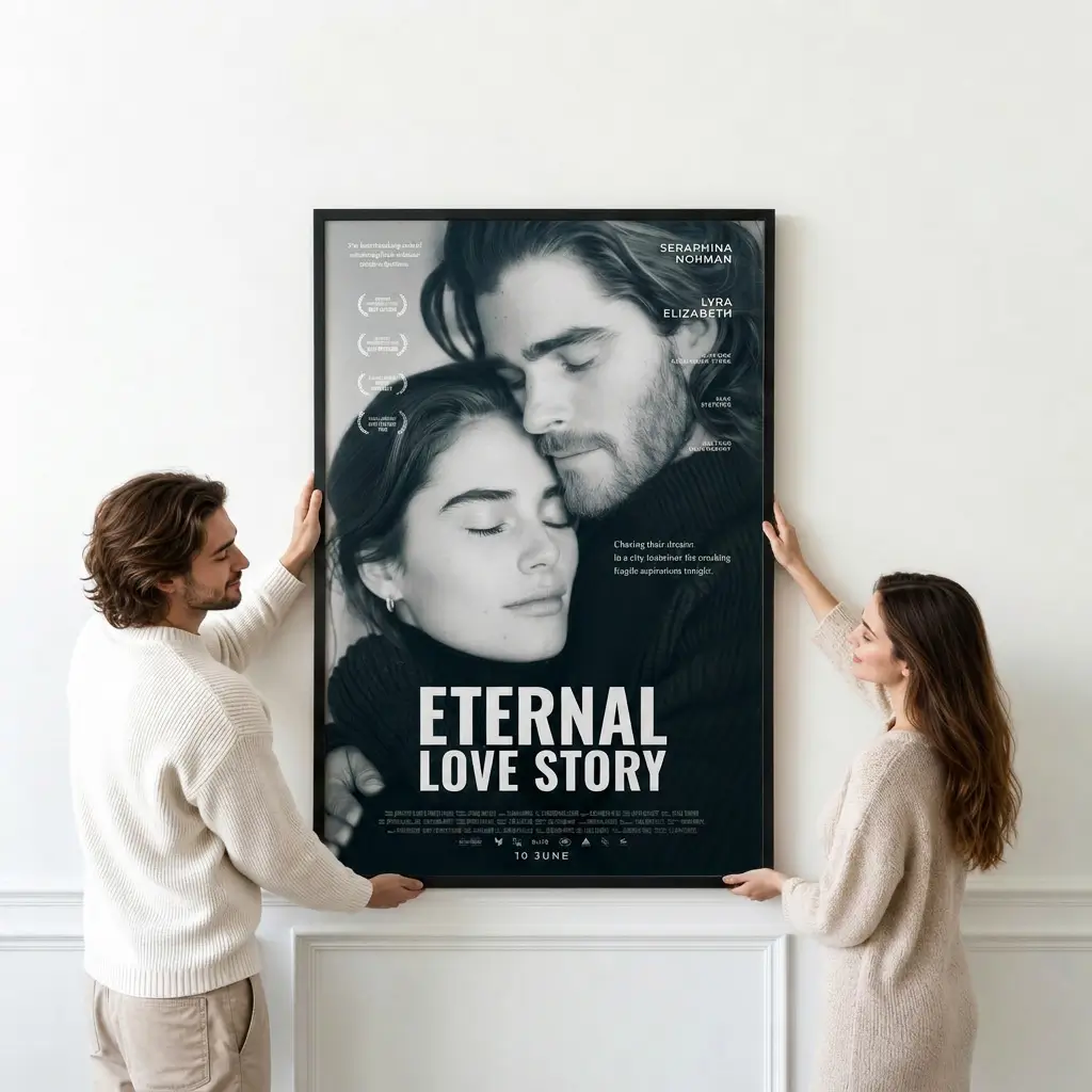 Personalized wedding poster presented in an elegant framed wall display by a loving couple