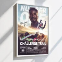 Racing movie poster leaning at an angle in a contemporary interior