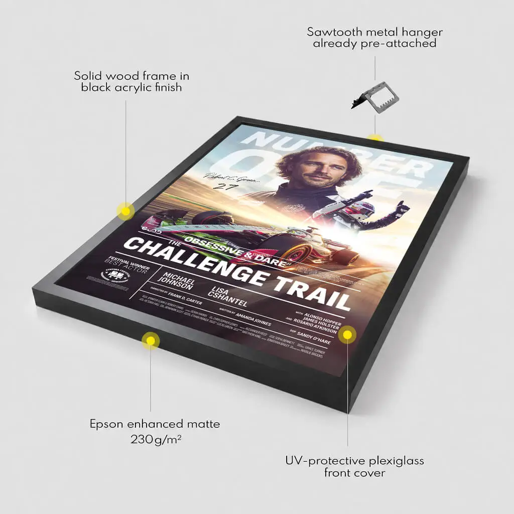 Custom poster frame details showing paper, hangers and frame materials