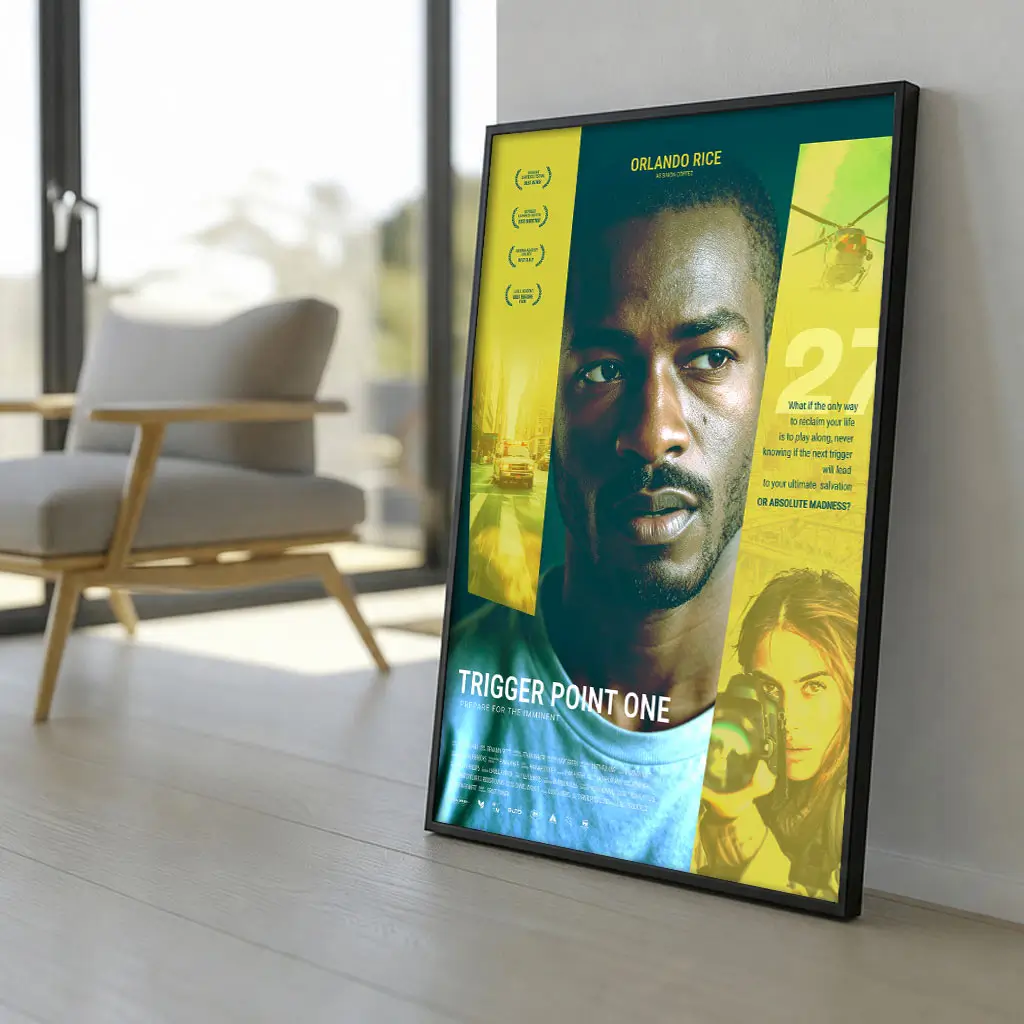Personalized action poster standing on the floor in a contemporary interior