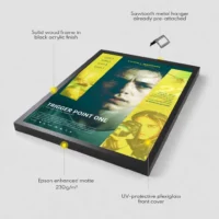 Poster frame details showing print paper, hanging system and frame material