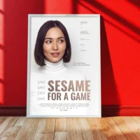 Custom comedy movie poster is standing on the floor in a stylish room
