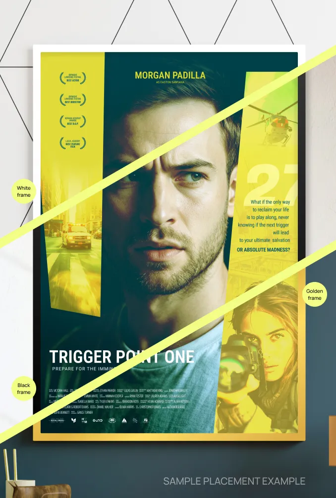 A side-by-side placement comparison of the one man against all poster displayed in three different frame colors