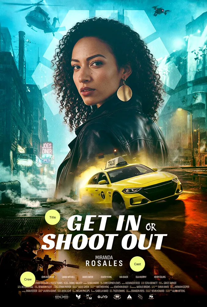 An instructional epic thriller poster product image where key elements are marked with labels